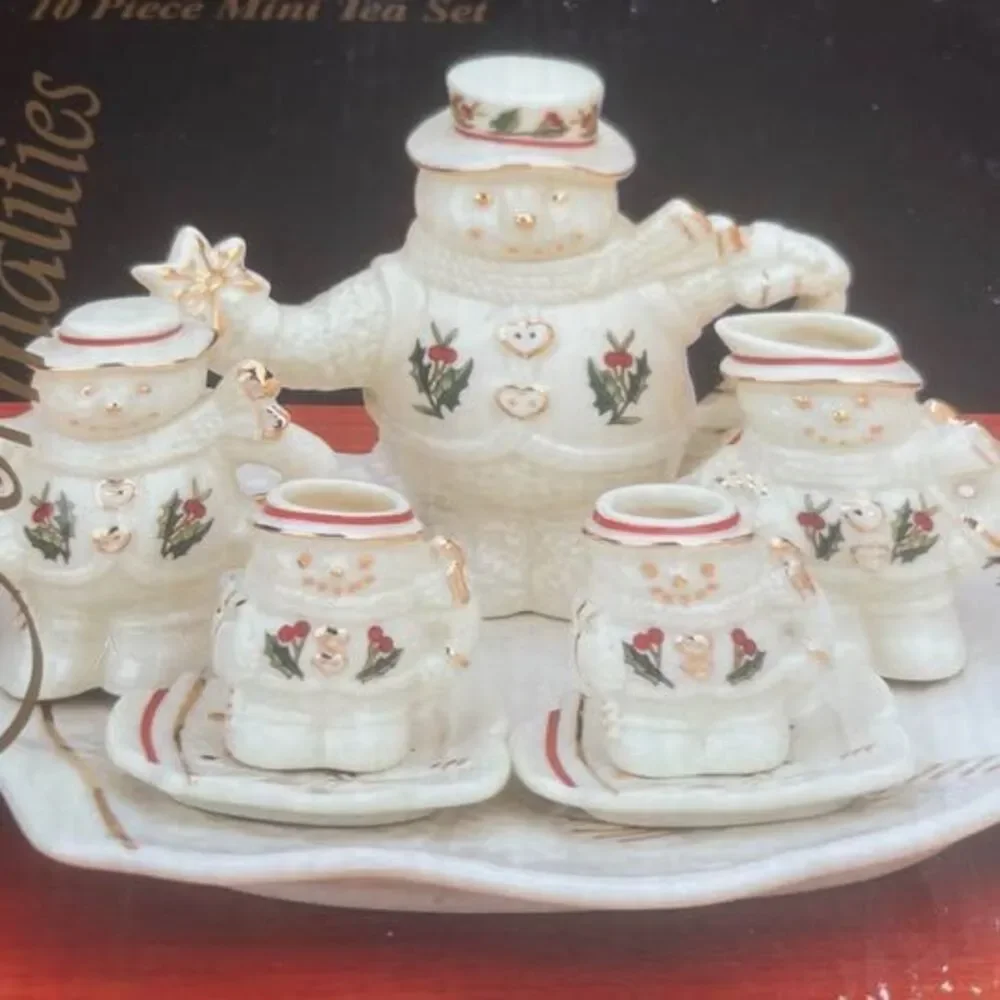 NEW Formalities-Baum Brothers Ivory and Gold Snowman-10 Piece Mini Tea Set
